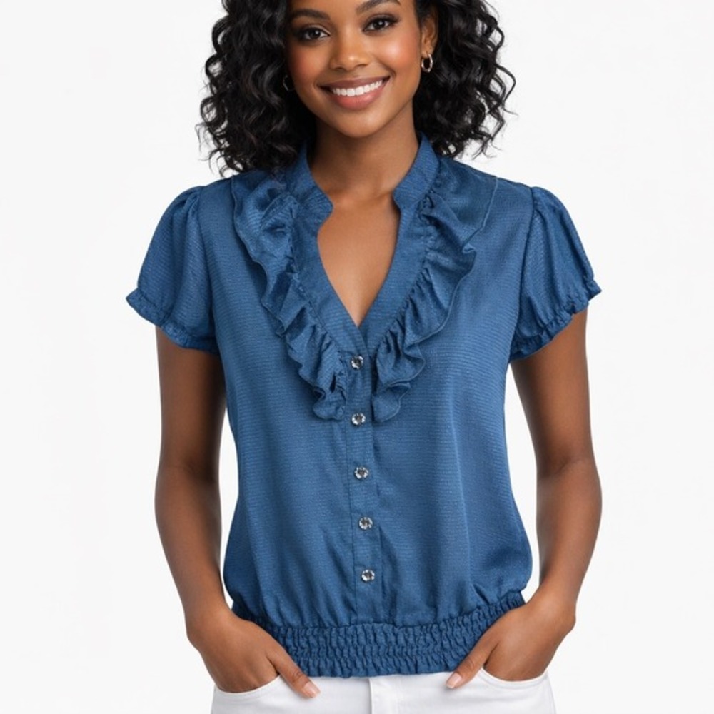 My Michelle Blue Ruffle V-Neck Smocked Waist Top L Short Sleeve Preppy 68-22